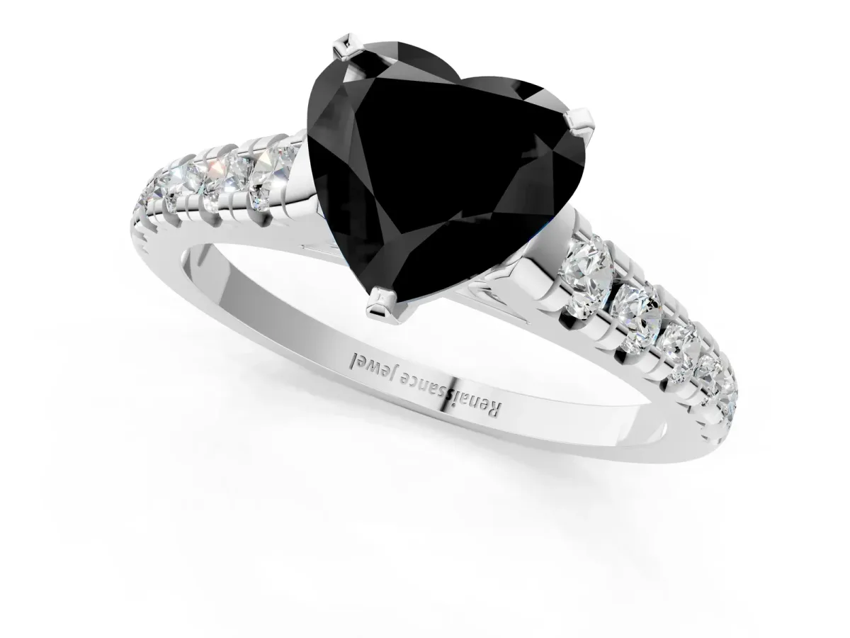 Fancy Black Heart Cut Diamond Cathedral Solitaire Ring with Round Pavé Band Silver
