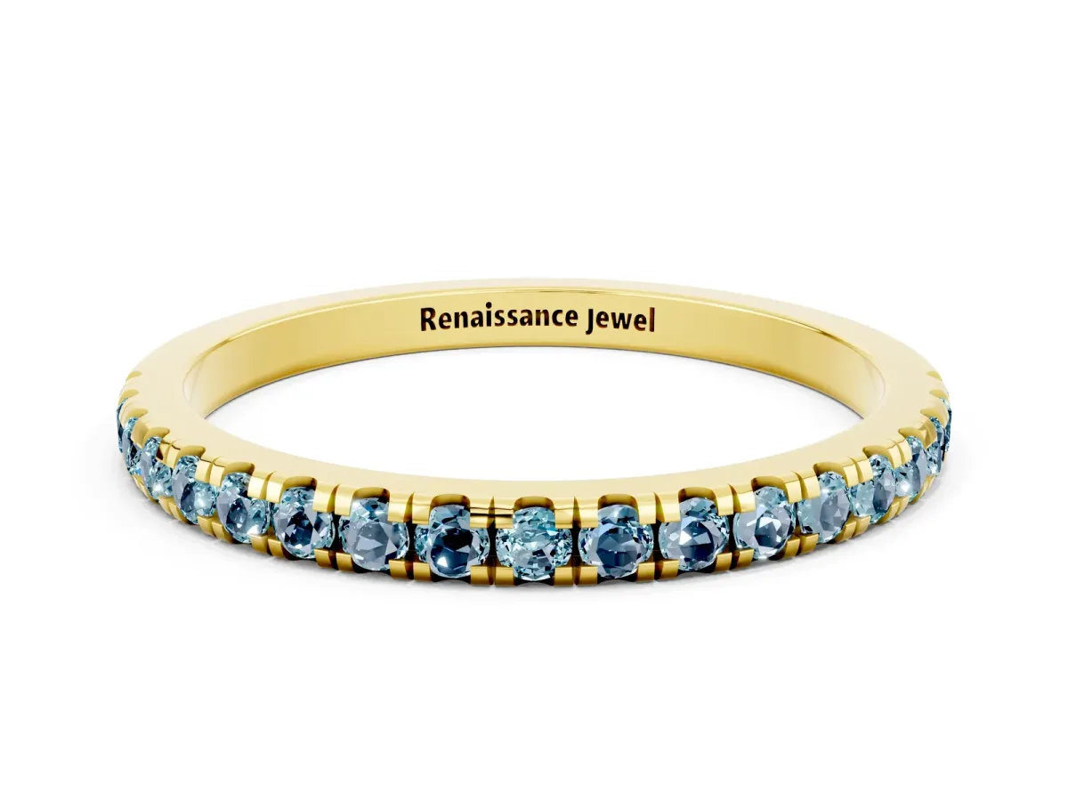 Pavé Round Aquamarine Half Eternity Band with Shared Prong Setting Yellow gold