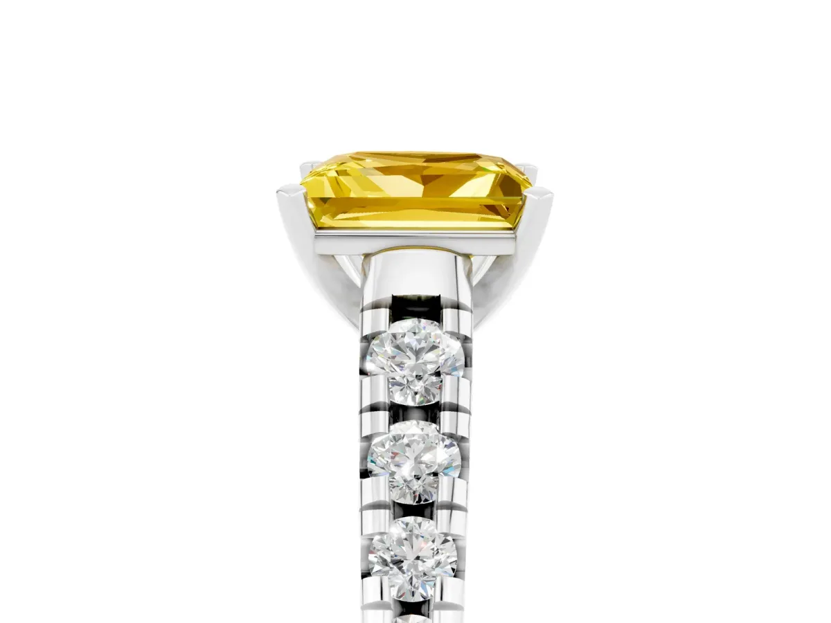Princess Cut Yellow Sapphire Cathedral Solitaire Ring with Round Pavé Band Platinum