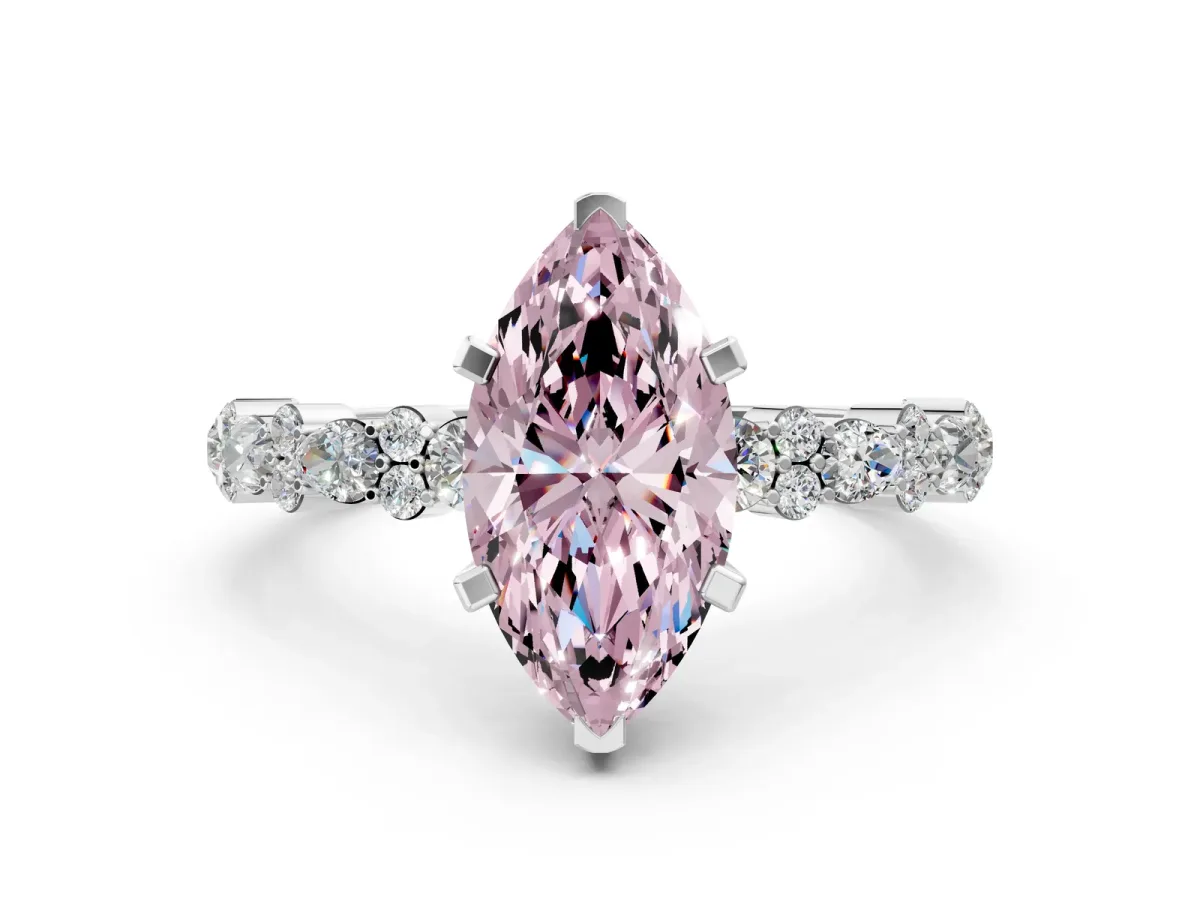Fancy Pink Marquise Cut Diamond Side Stone Solitaire Ring with Round and Four-Prong Setting White gold