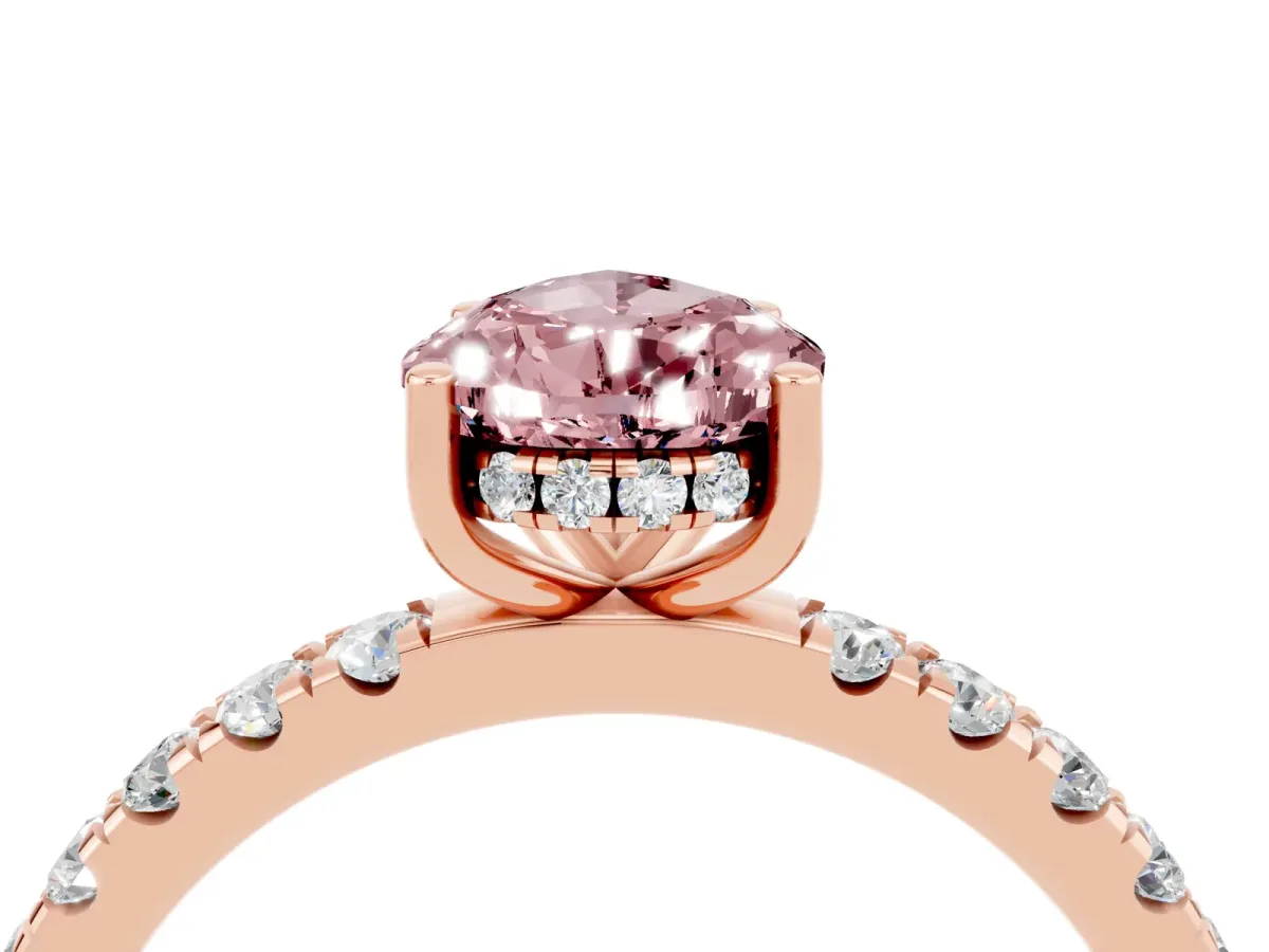 Pear Cut Morganite Pave Band Solitaire Ring with Round and Prong Setting Rose gold