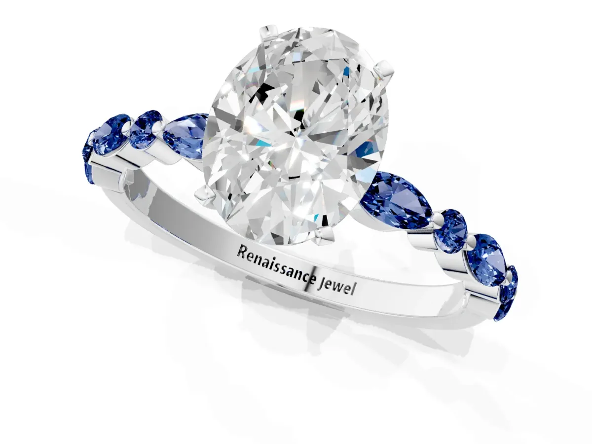 Oval Cut Diamond Ring with Marquise and Round Blue Sapphire Side Stones and Four-Prong Setting Silver