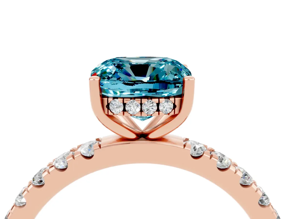 Cushion Cut Blue Topaz Pave Band Solitaire Ring with Round and Prong Setting Rose gold