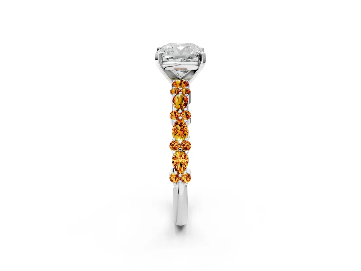 Cushion Cut Diamond Side Stone Solitaire Ring with Round Citrine and Four-Prong Setting Platinum