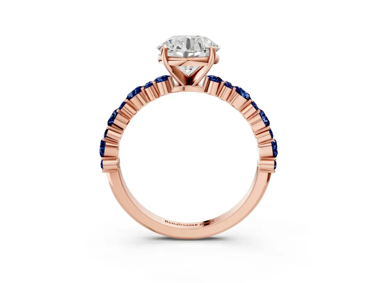 Round Cut Diamond Side Stone Solitaire Ring with Round Blue Sapphire and Four-Prong Setting Rose gold