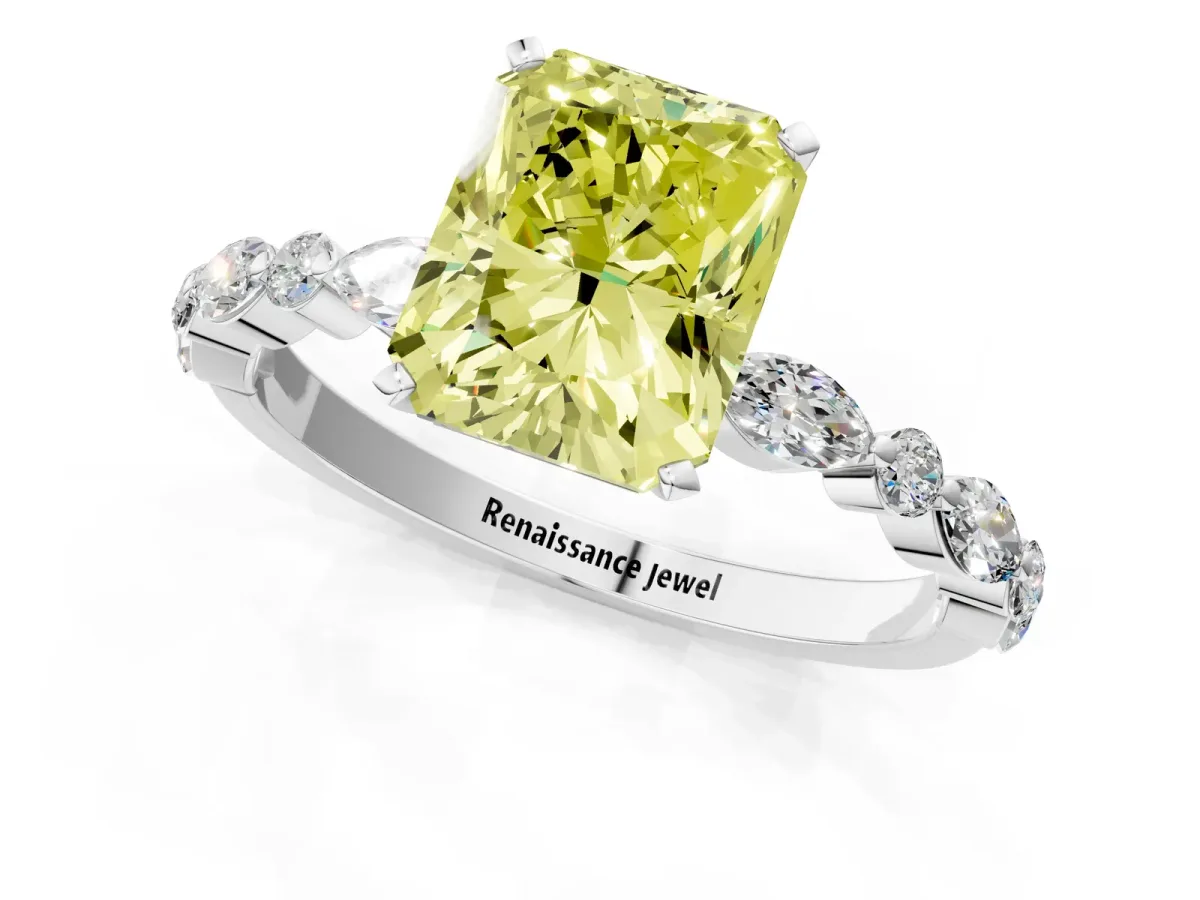 Fancy Yellow Radiant Cut Diamond Ring with Marquise and Round Side Stones and Four-Prong Setting Silver