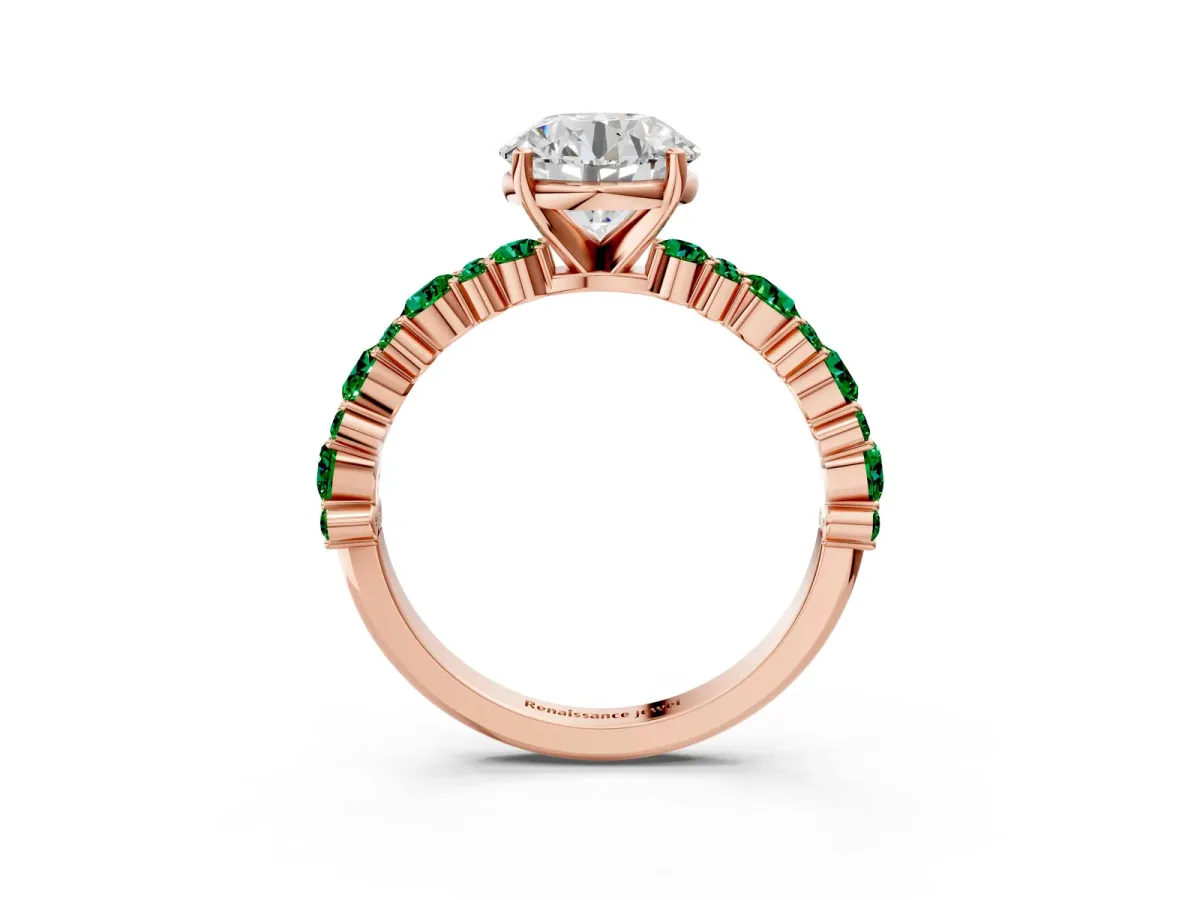 Round Cut Diamond Side Stone Solitaire Ring with Round Emerald and Four-Prong Setting Rose gold