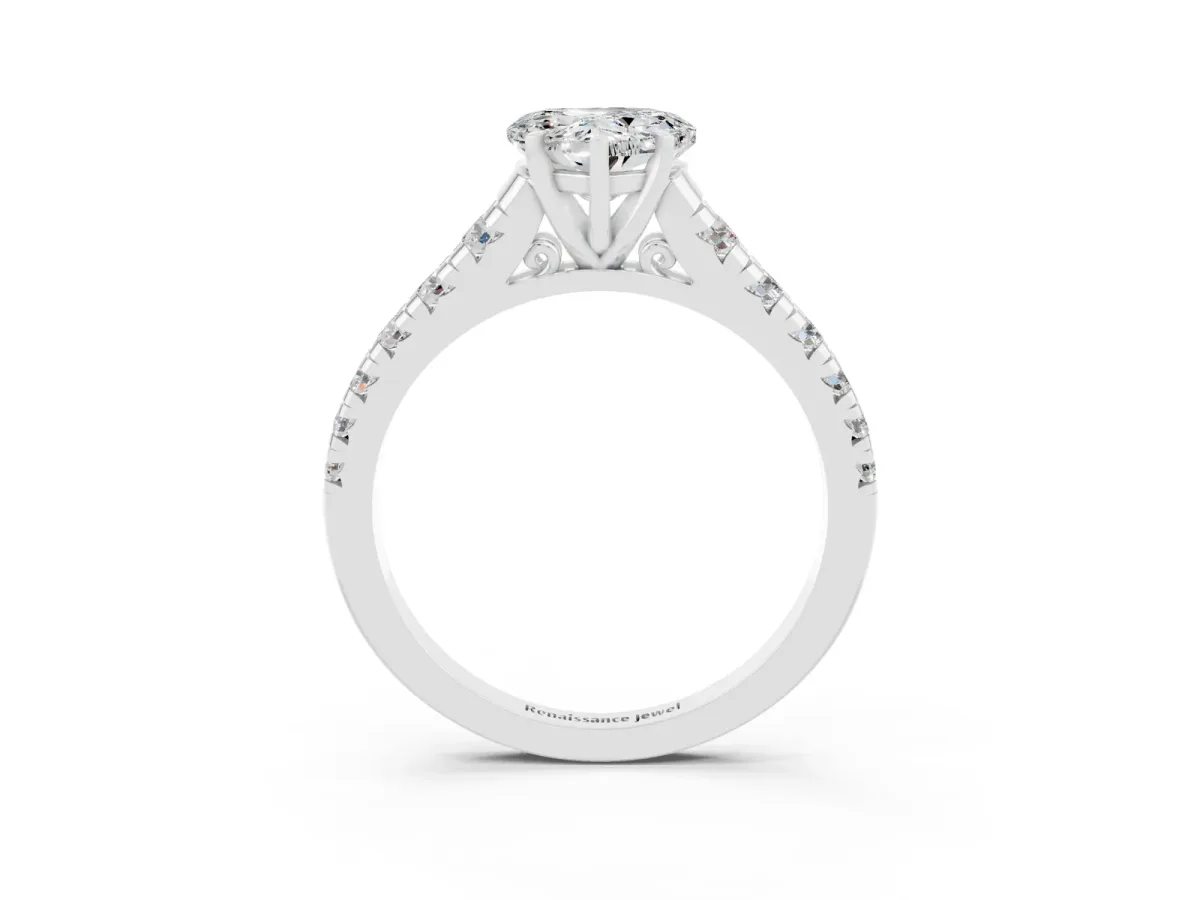 Heart Cut Moissanite Cathedral Solitaire Ring with Round Pavé Band Platinum