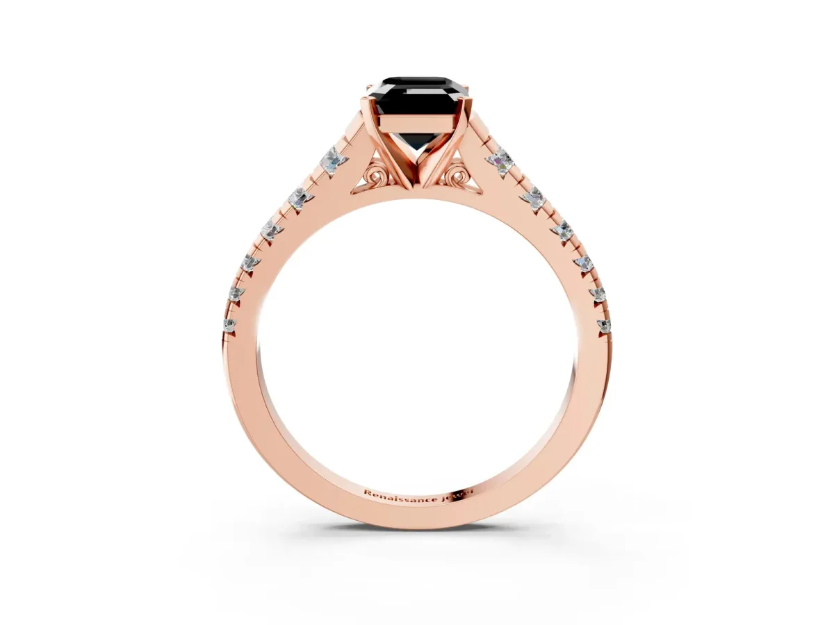 Fancy Black Emerald Cut Diamond Cathedral Solitaire Ring with Round Pavé Band Rose gold