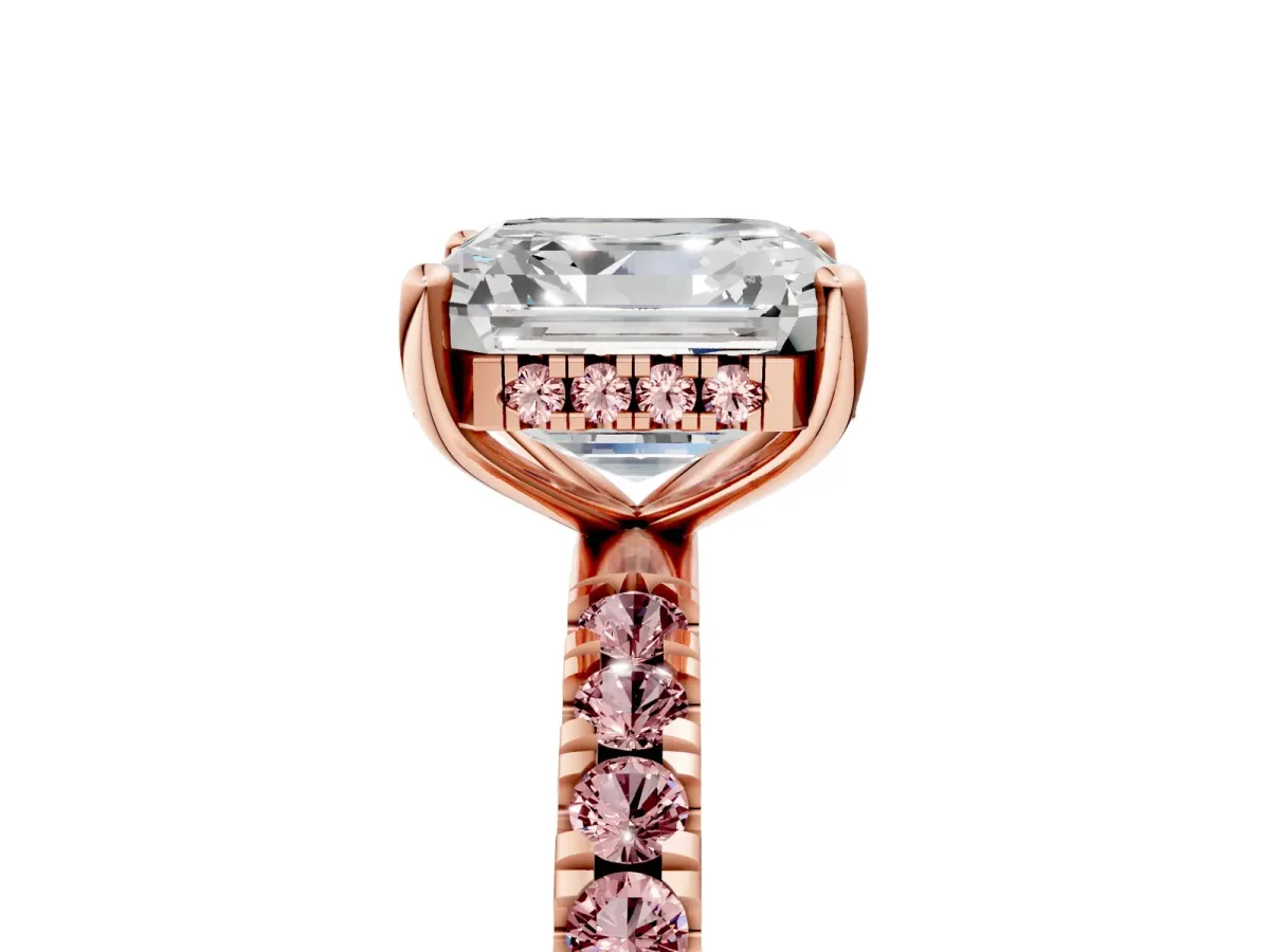 Asscher Cut Diamond Pave Band Solitaire Ring with Round Morganite and Prong Setting Rose gold