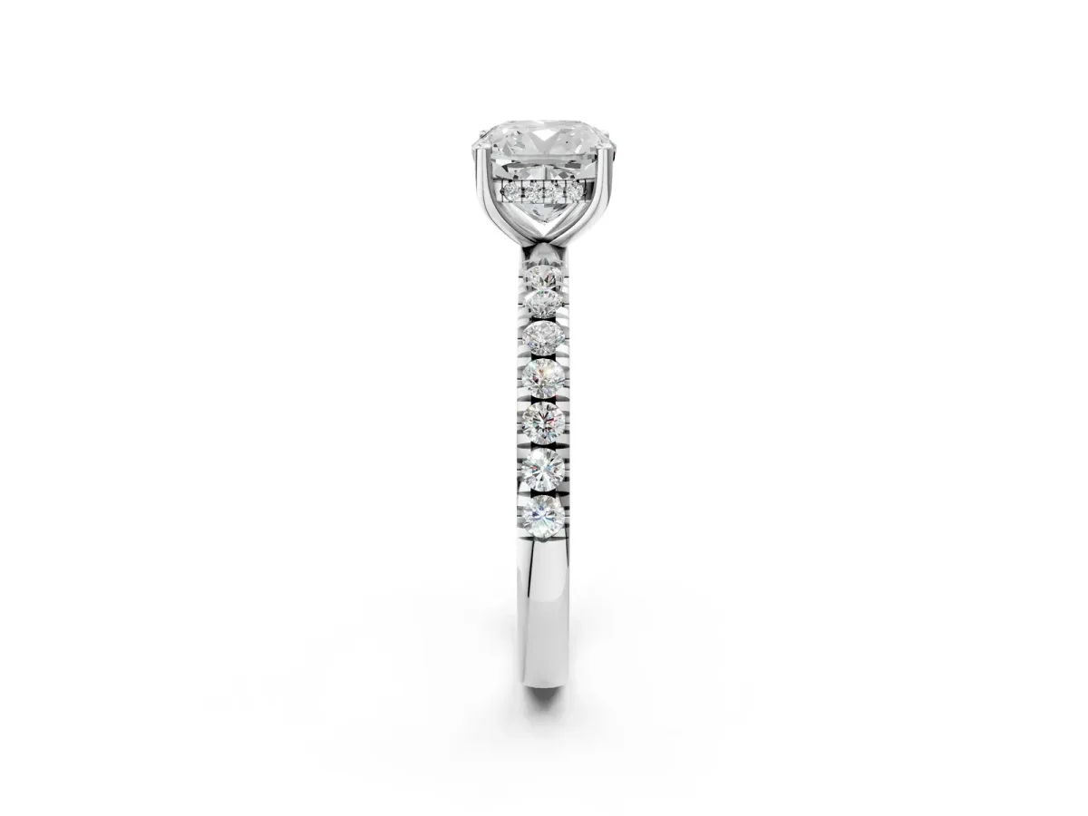 Cushion Cut Diamond Pave Band Solitaire Ring with Round and Prong Setting White gold