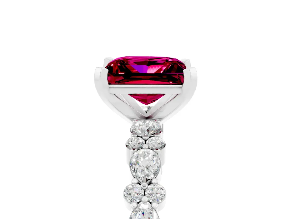 Princess Cut Garnet Side Stone Solitaire Ring with Round and Four-Prong Setting Platinum