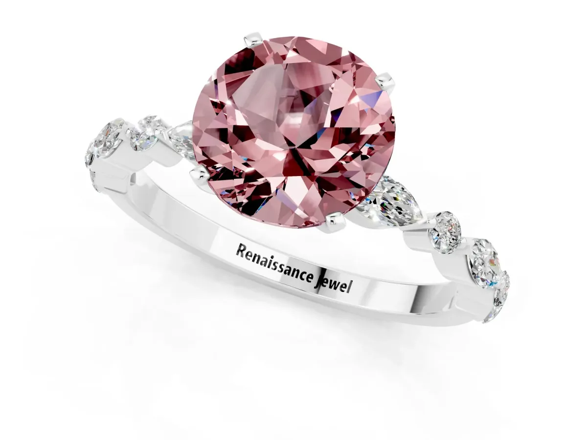 Round Cut Morganite Ring with Marquise and Round Side Stones and Four-Prong Setting Platinum