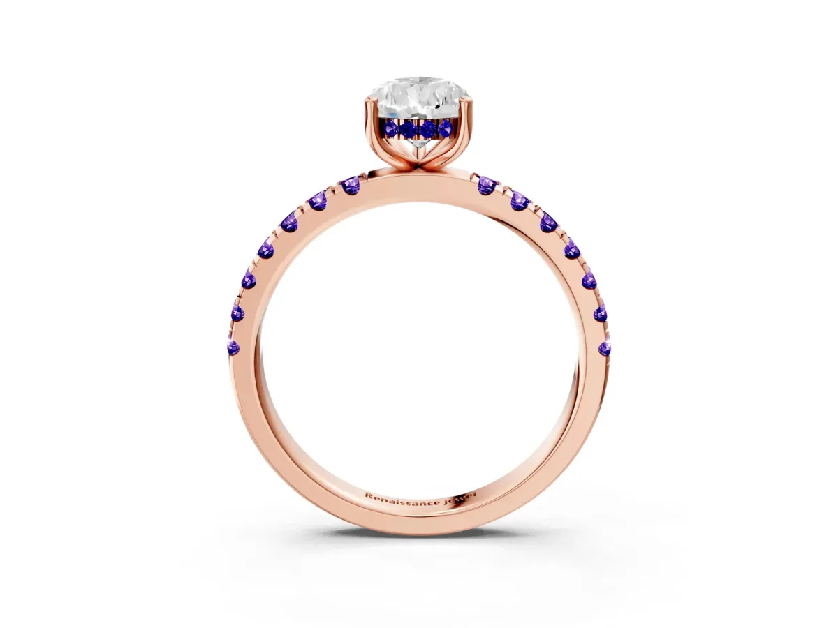 Pear Cut Diamond Pave Band Solitaire Ring with Round Tanzanite and Prong Setting Rose gold
