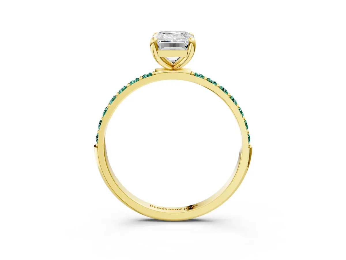 Emerald Cut Diamond Solitaire Ring with Round Green Sapphire Pavé Band and Prong Setting Yellow gold