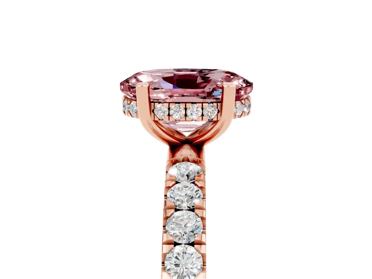 Oval Cut Morganite Pave Band Solitaire Ring with Round and Prong Setting Rose gold
