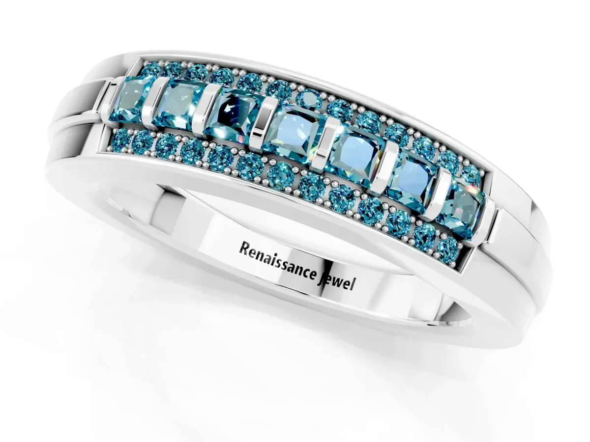 Bar-Set Princess Cut Blue Topaz Pavé Band Silver
