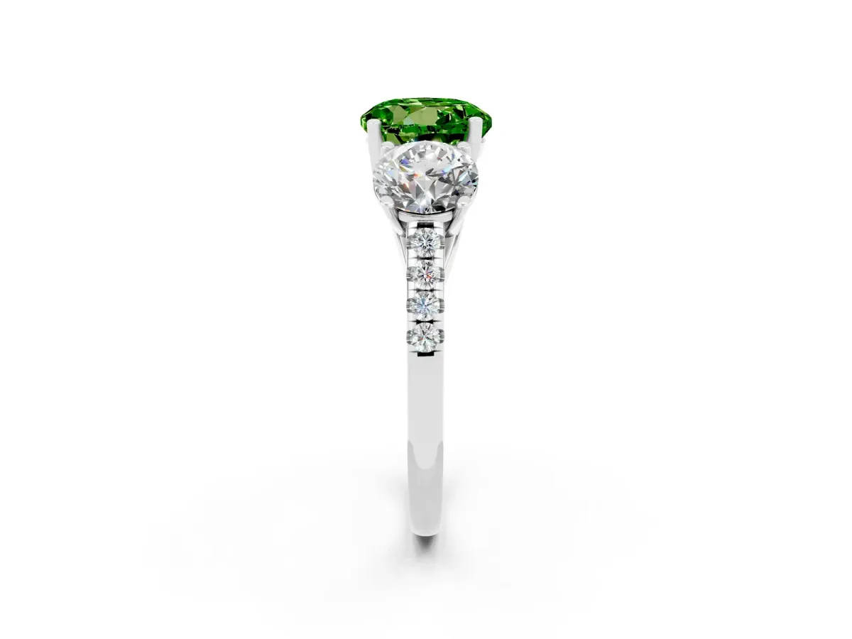 Three-Stone Round Cut Peridot Ring with Round Pavé Band and Prong Setting White gold