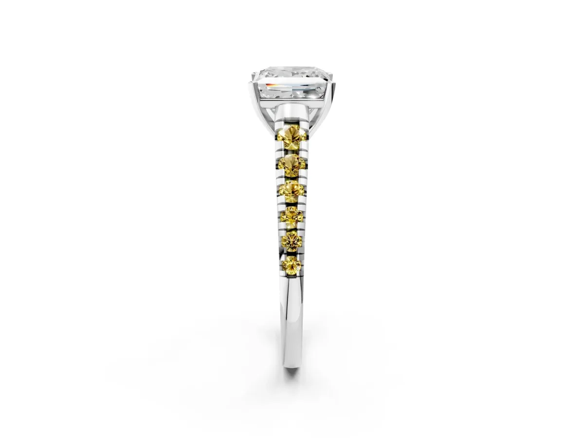 Princess Cut Diamond Cathedral Solitaire Ring with Round Yellow Sapphire Pavé Band Silver