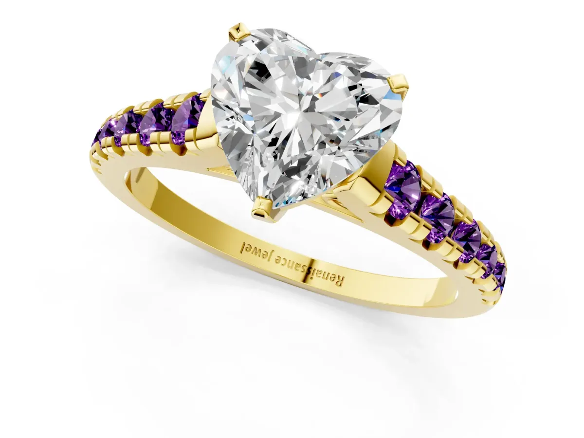 Heart Cut Diamond Cathedral Solitaire Ring with Round Amethyst Pavé Band Yellow gold