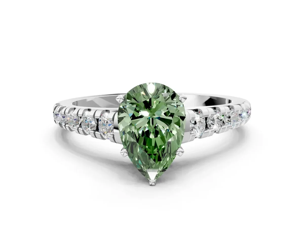 Fancy Green Pear Cut Diamond Cathedral Solitaire Ring with Round Pavé Band Platinum