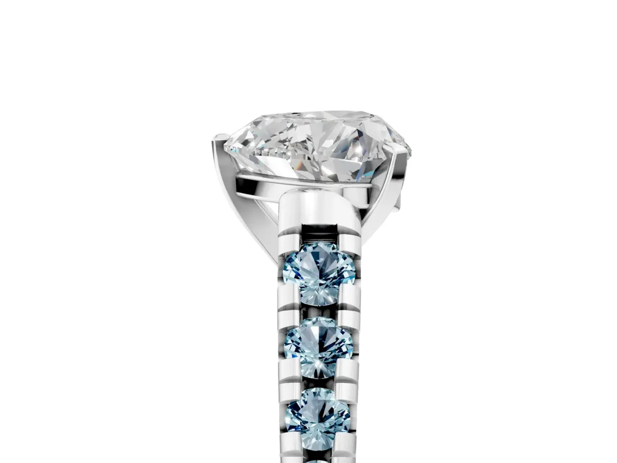 Heart Cut Diamond Cathedral Solitaire Ring with Round Aquamarine Pavé Band Silver