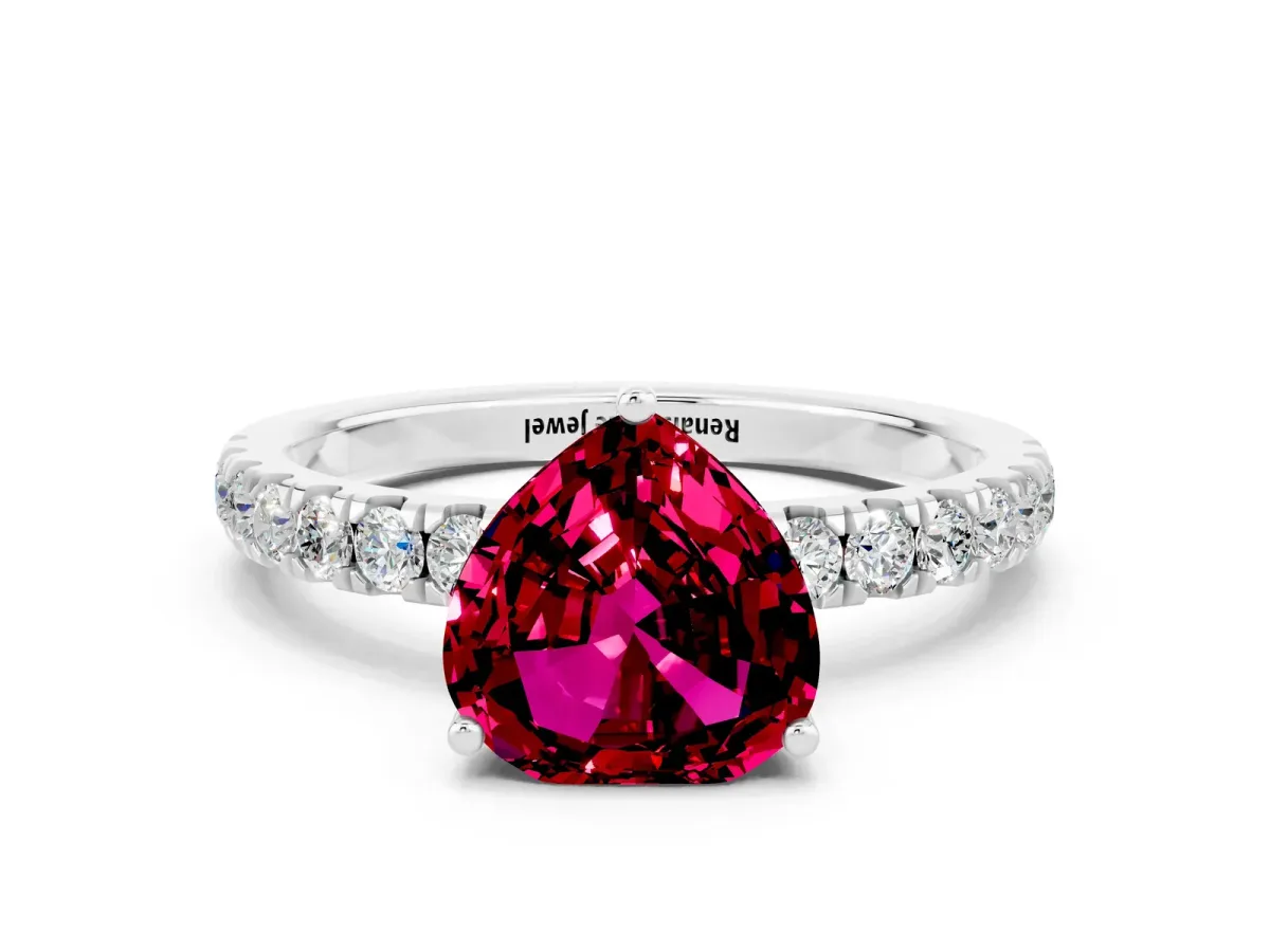 Heart Cut Garnet Pave Band Solitaire Ring with Round and Prong Setting Platinum