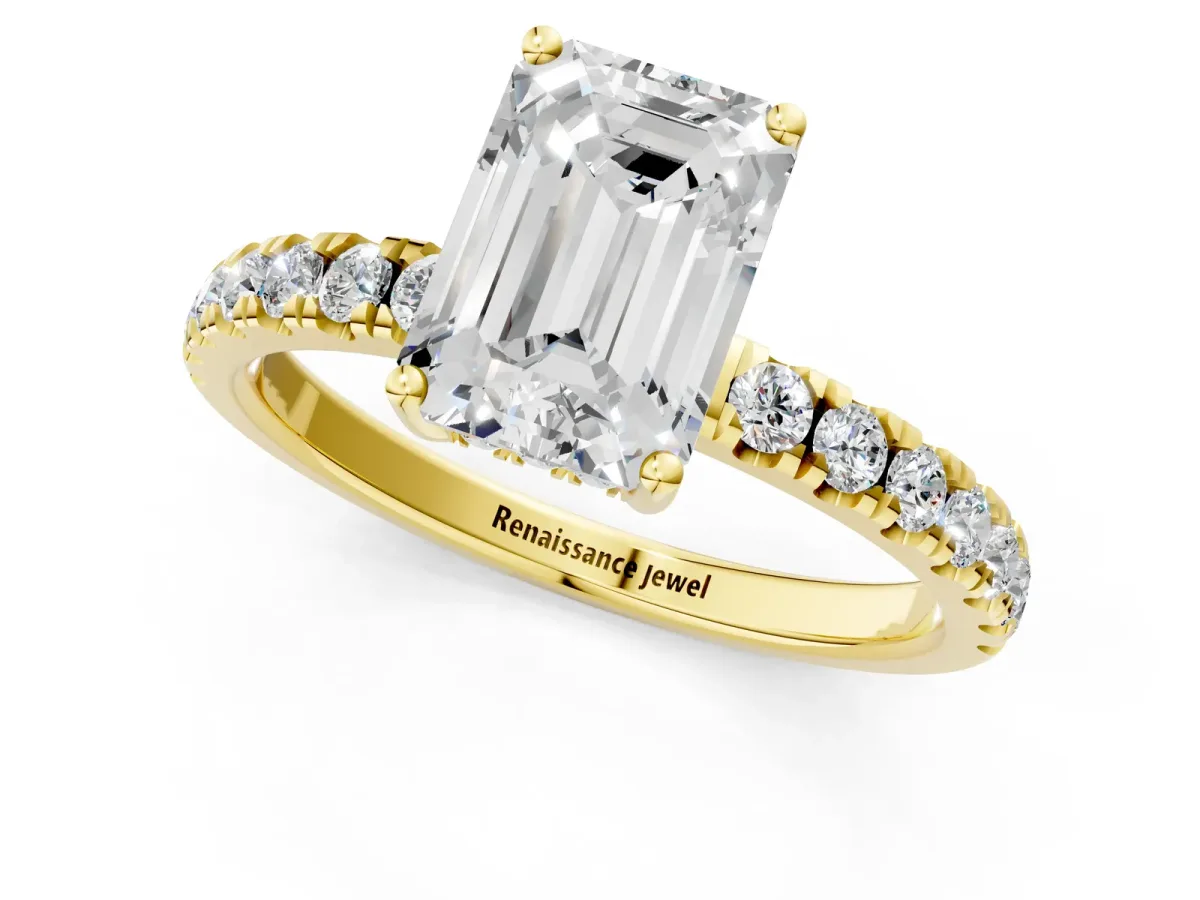 Emerald Cut Diamond Pave Band Solitaire Ring with Round and Prong Setting Yellow gold