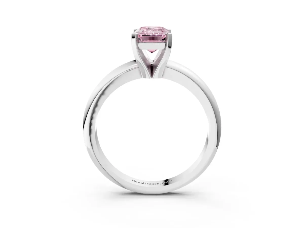 Fancy Pink Emerald Cut Diamond Solitaire Engagement Ring with Round Band and Four-Prong Setting Silver