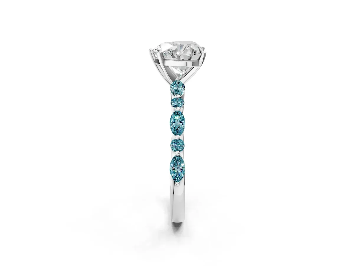 Heart Cut Diamond Ring with Marquise and Round Blue Topaz Side Stones and Four-Prong Setting Platinum
