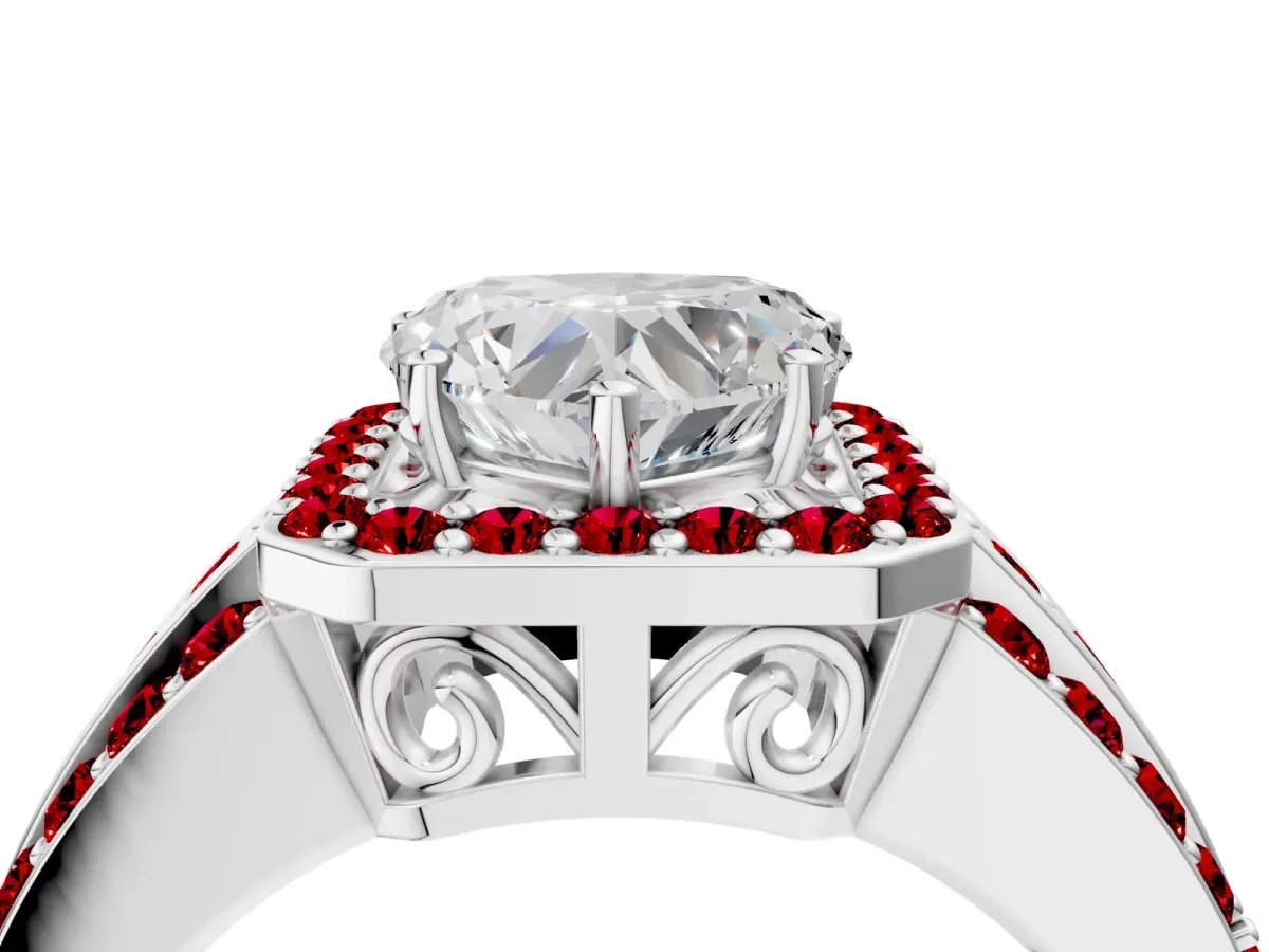 Heart Cut Halo Diamond Ring with Round Ruby Split Shank and Prong Setting Silver