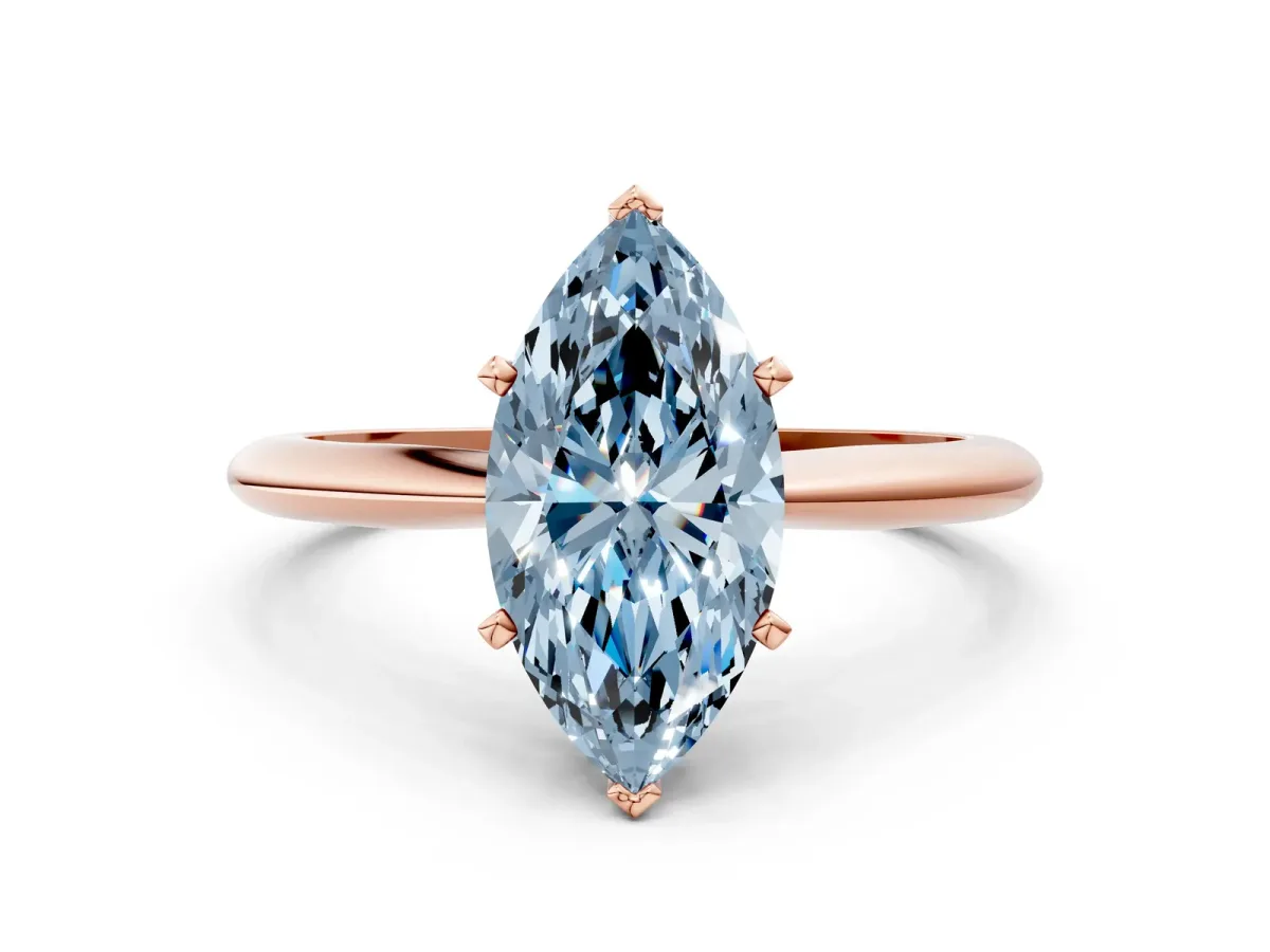 Fancy Blue Marquise Cut Diamond Solitaire Engagement Ring with Classic Band and Four-Prong Setting Rose gold