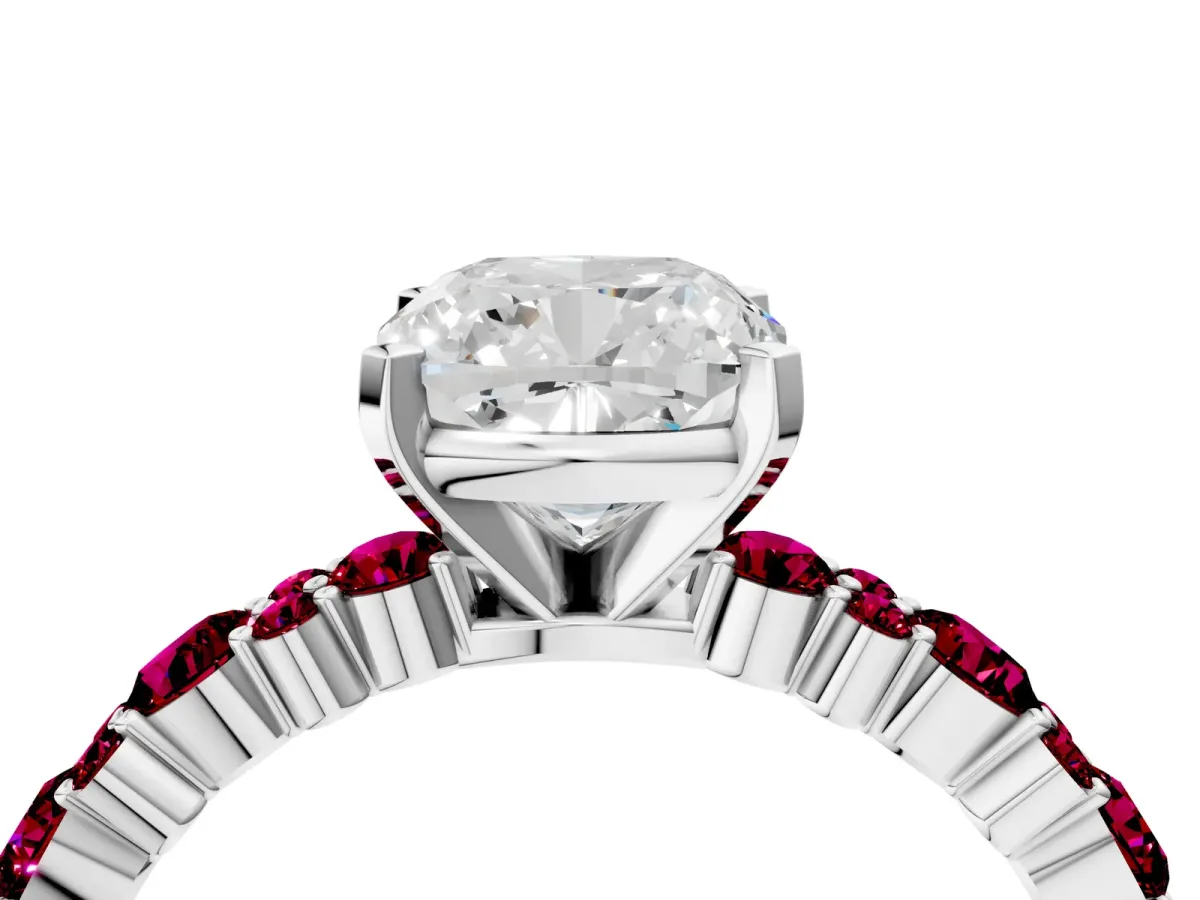 Cushion Cut Diamond Side Stone Solitaire Ring with Round Garnet and Four-Prong Setting Platinum