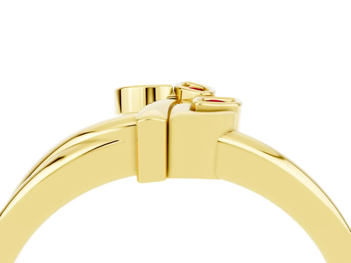 Three-Stone Round Ruby Leaf Bypass Ring with Bezel Setting Yellow gold