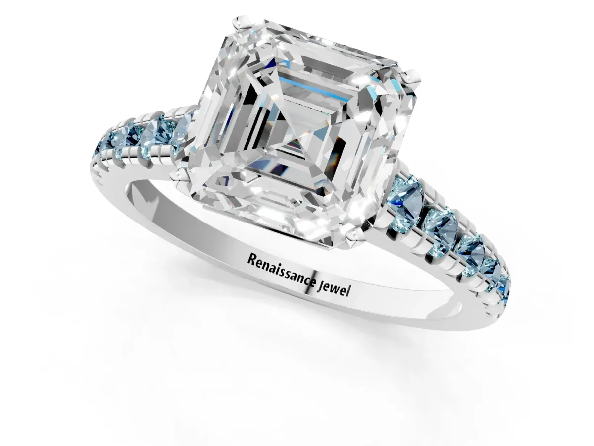Asscher Cut Diamond Cathedral Solitaire Ring with Round Aquamarine Pavé Band Silver