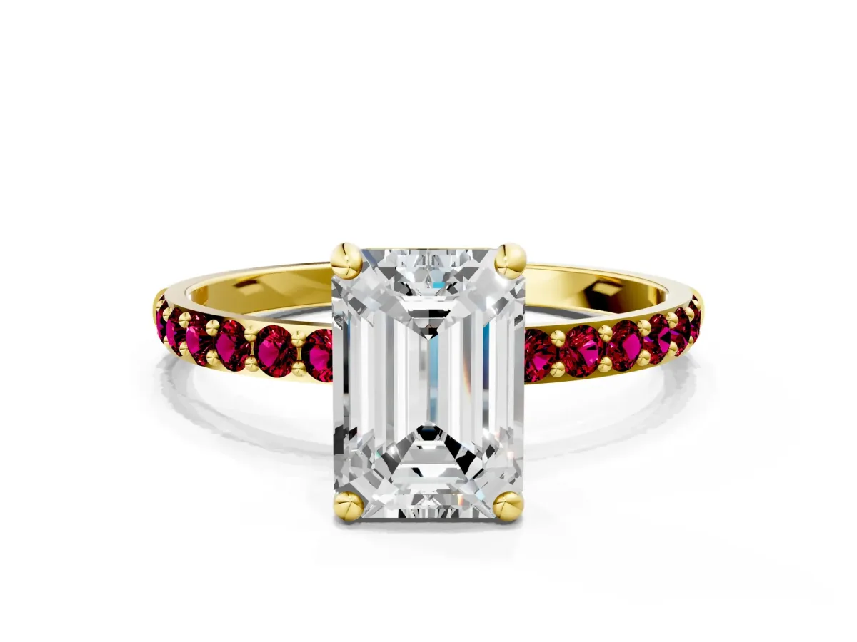 Emerald Cut Diamond Solitaire Ring with Round Garnet Pavé Band and Prong Setting Yellow gold