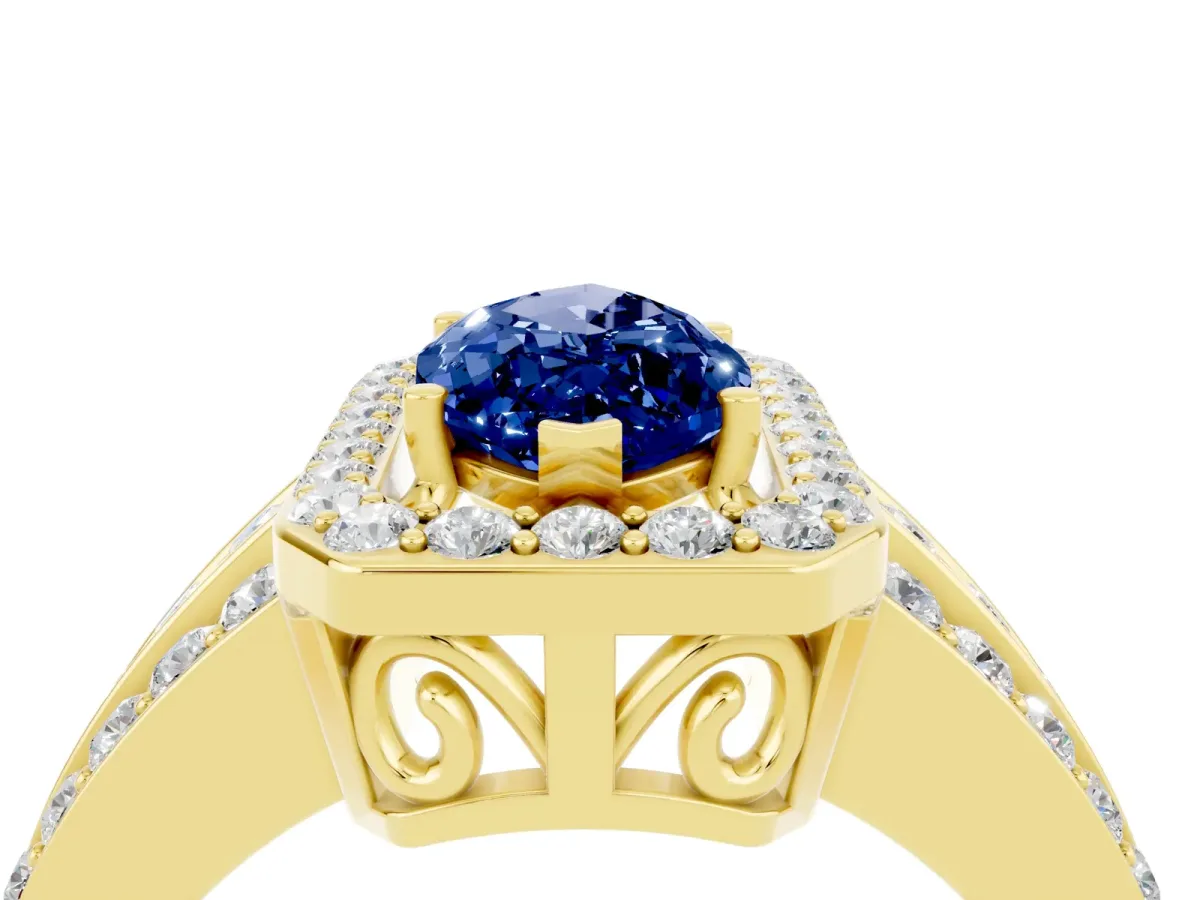 Marquise Cut Halo Blue Sapphire Ring with Round Split Shank and Prong Setting Yellow gold