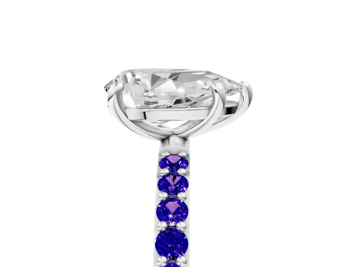 Pear Cut Diamond Solitaire Ring with Round Tanzanite Pavé Band and Prong Setting Platinum