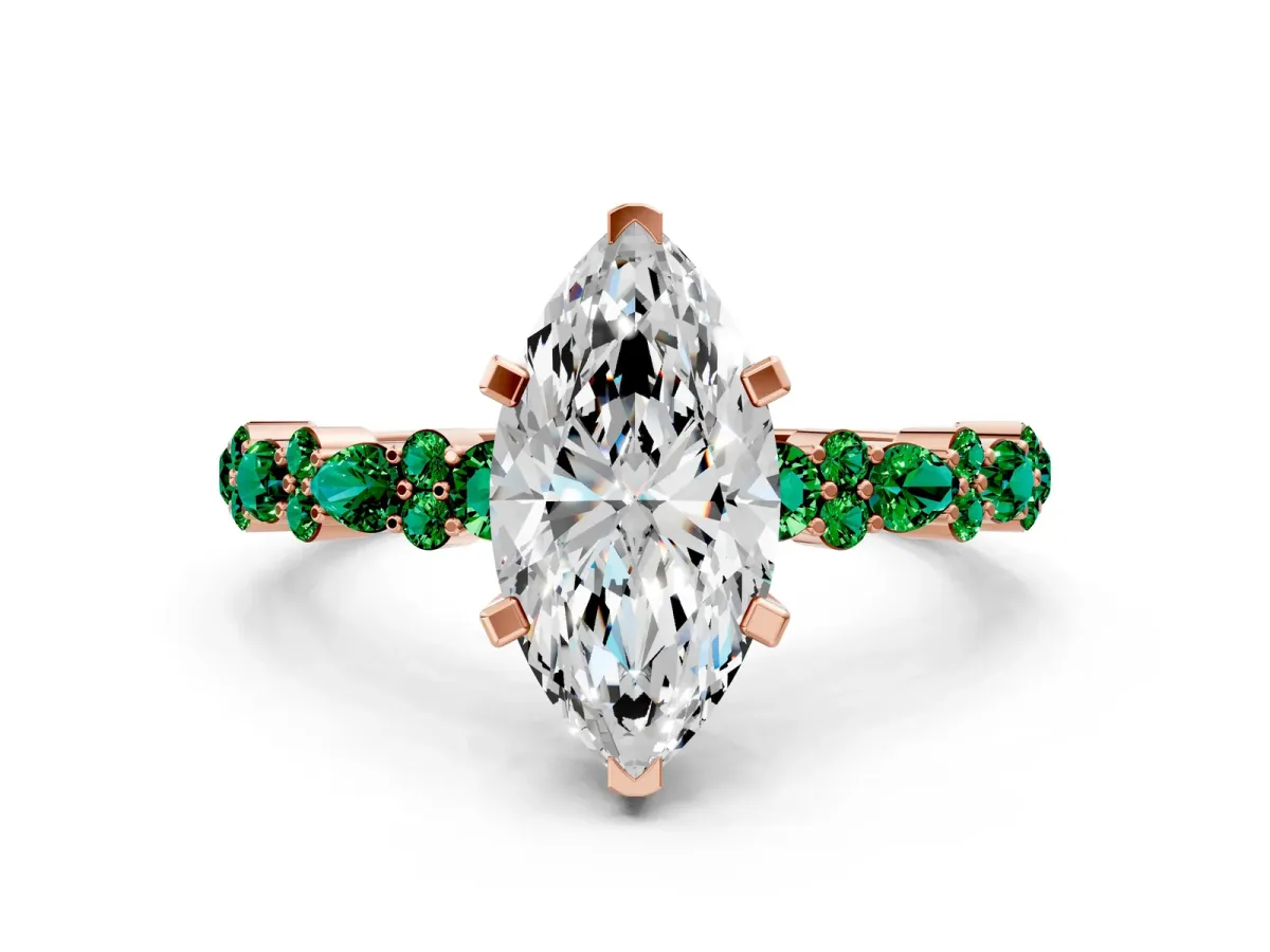 Marquise Cut Diamond Side Stone Solitaire Ring with Round Emerald and Four-Prong Setting Rose gold