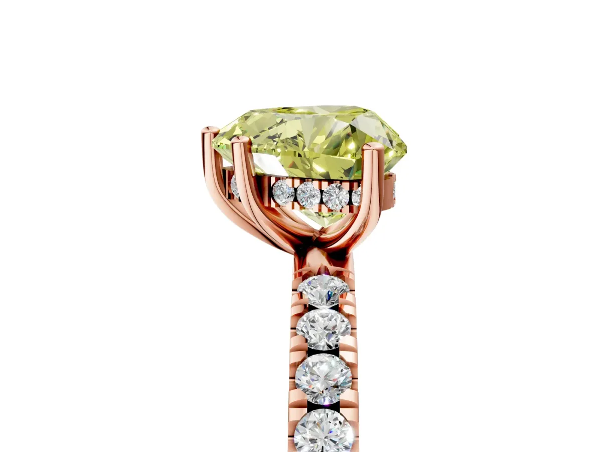 Fancy Yellow Heart Cut Diamond Pave Band Solitaire Ring with Round and Prong Setting Rose gold