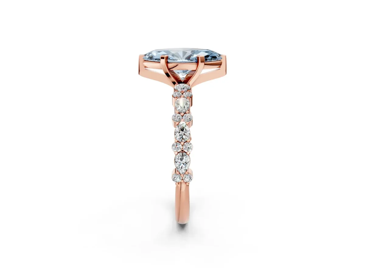 Fancy Blue Marquise Cut Diamond Side Stone Solitaire Ring with Round and Four-Prong Setting Rose gold