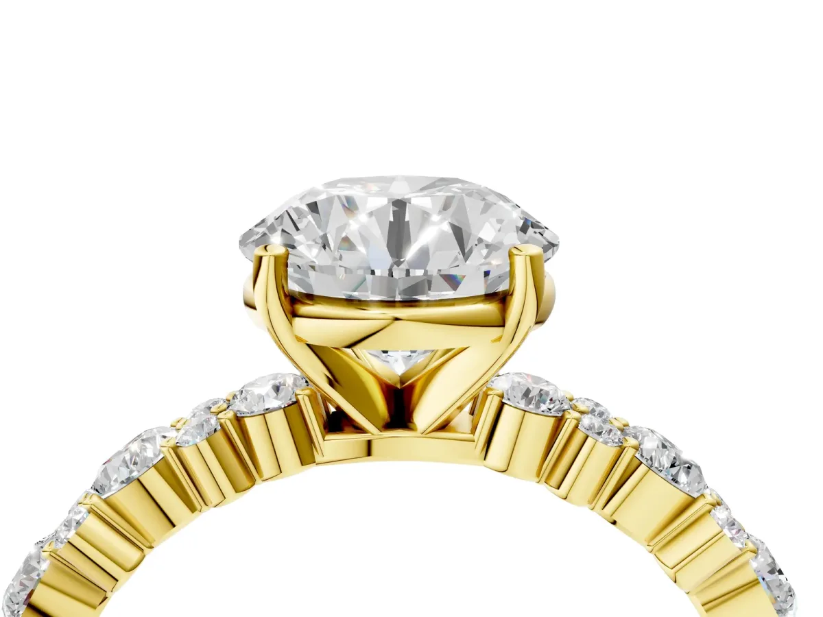 Round Cut Diamond Side Stone Solitaire Ring with Round Moissanite and Four-Prong Setting Yellow gold