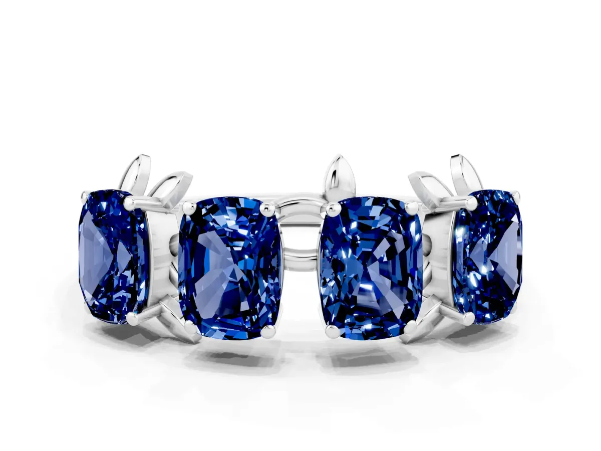 Four-Stone Elongated Cushion Blue Sapphire Band with Nature-Inspired Prong Setting Silver