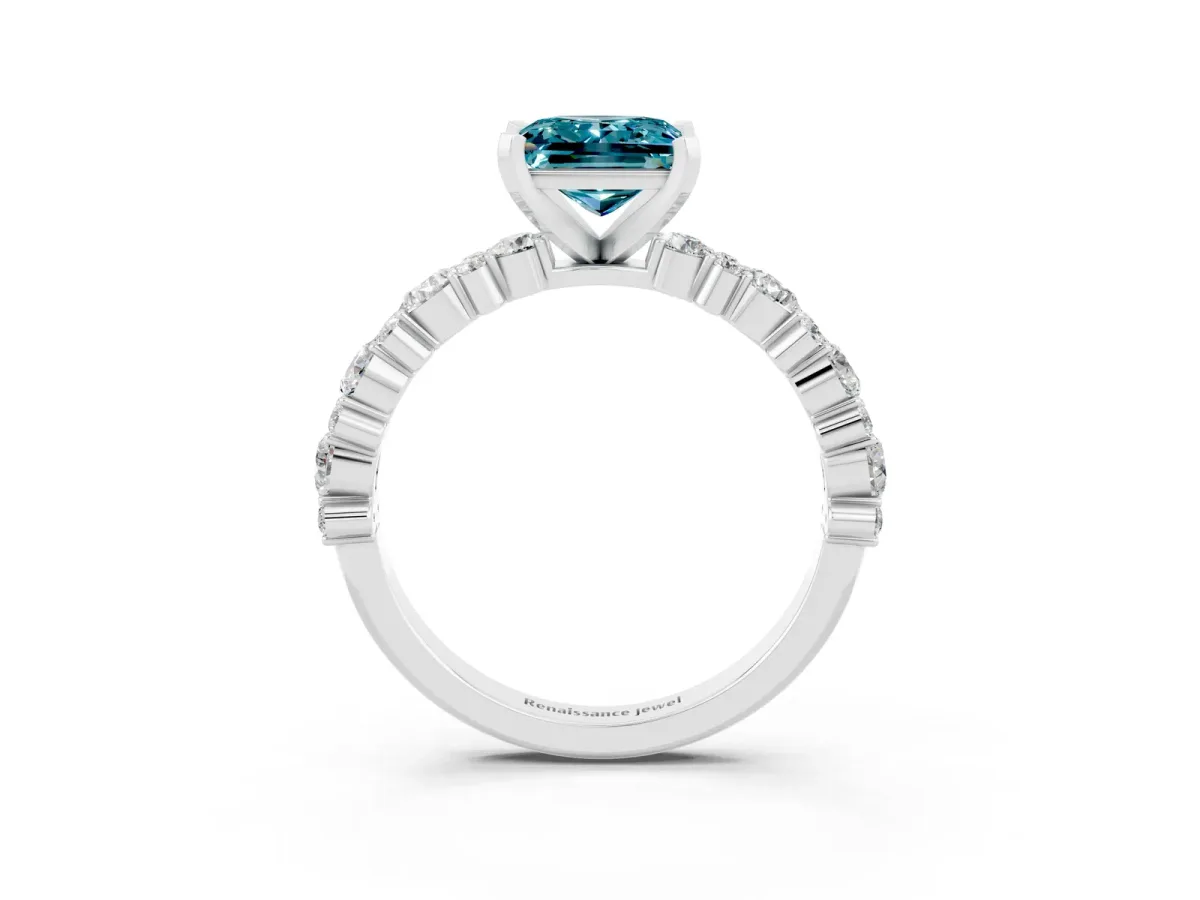 Princess Cut Blue Topaz Side Stone Solitaire Ring with Round and Four-Prong Setting Silver