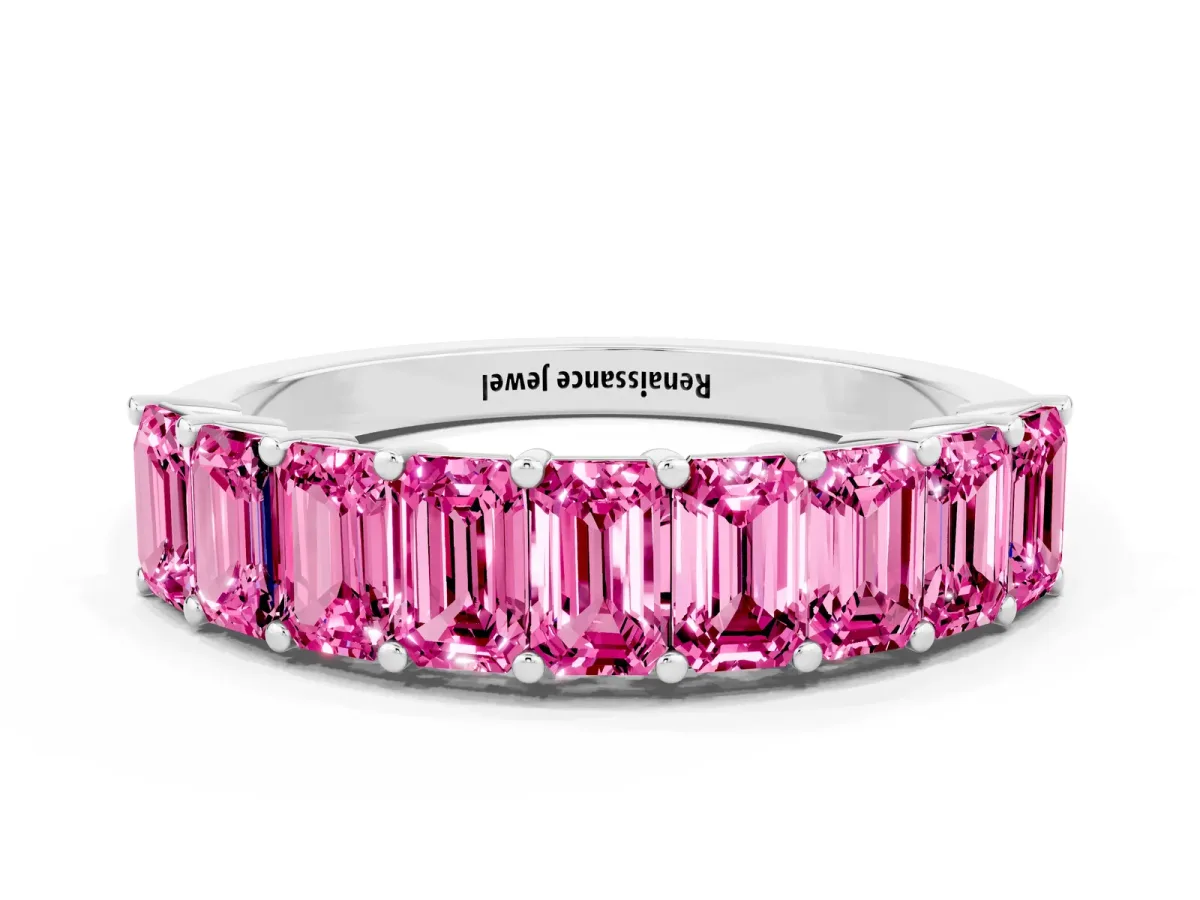 Emerald Cut Pink Sapphire Prong-Set Eternity Band Platinum