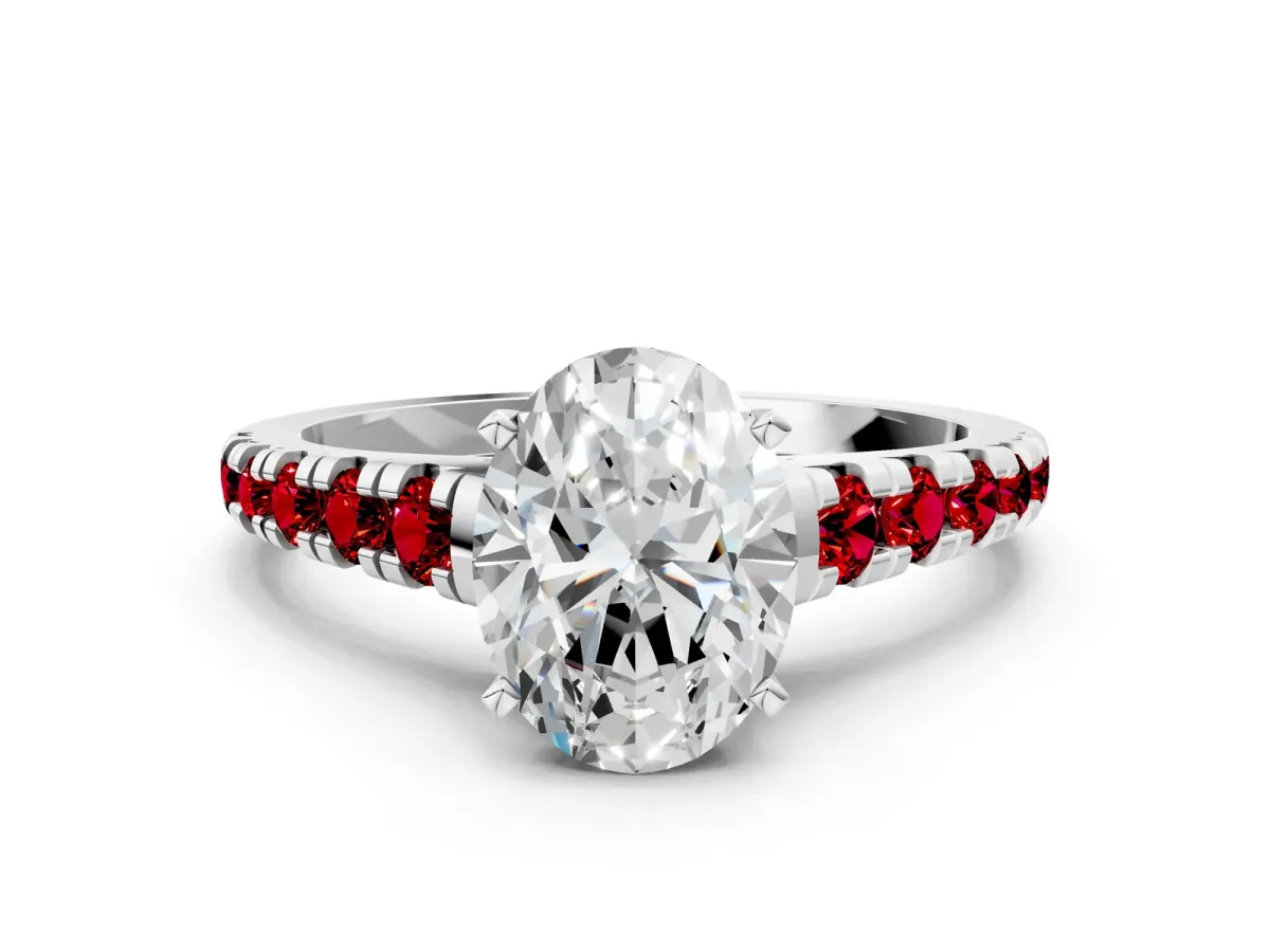 Oval Cut Diamond Cathedral Solitaire Ring with Round Ruby Pavé Band Platinum