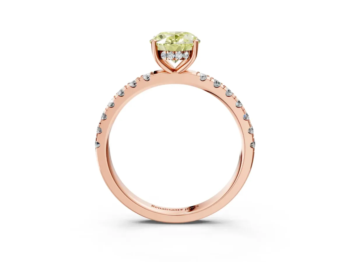 Fancy Yellow Oval Cut Diamond Pave Band Solitaire Ring with Round and Prong Setting Rose gold
