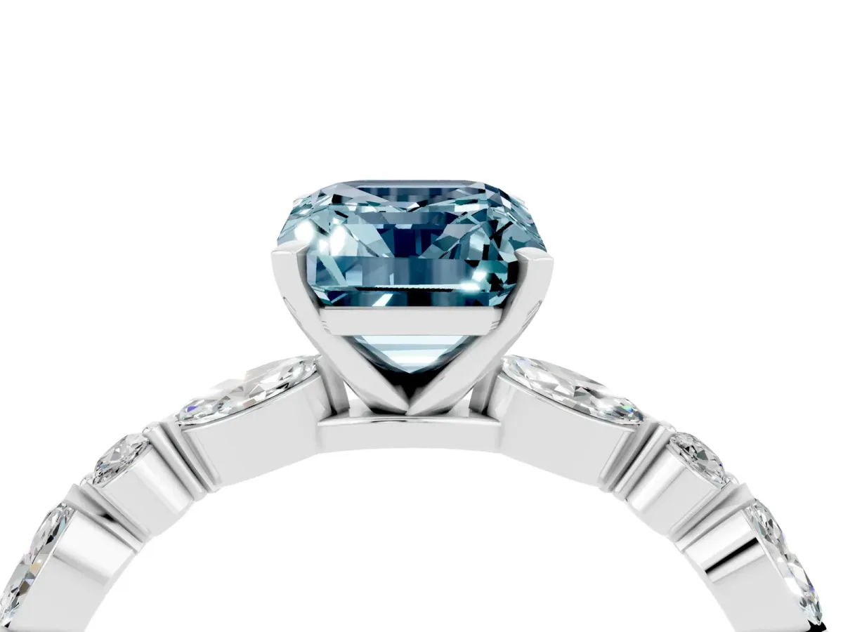 Emerald Cut Aquamarine Ring with Marquise and Round Side Stones and Four-Prong Setting Platinum