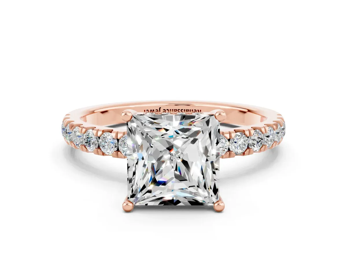 Princess Cut Moissanite Pave Band Solitaire Ring with Round and Prong Setting Rose gold