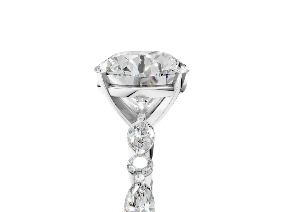 Round Cut Diamond Ring with Marquise and Round Side Stones and Four-Prong Setting White gold